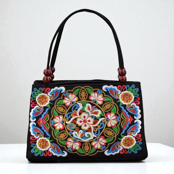 Ethnic Floral Embroidered Handbag Wood Bead Handles Boho Shoulder Bag - Picture 1 of 9